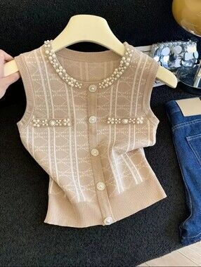 Elegant Women's Pearl-Embellished Vest, Light Luxury Sleeveless Button-Front